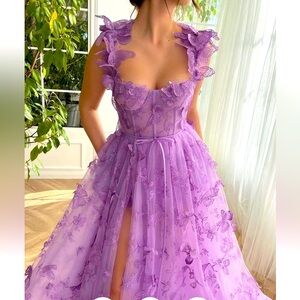 Spaghetti Strap Tulle Butterfly Applique Ball Slit Evening Prom Slim Long Dress
